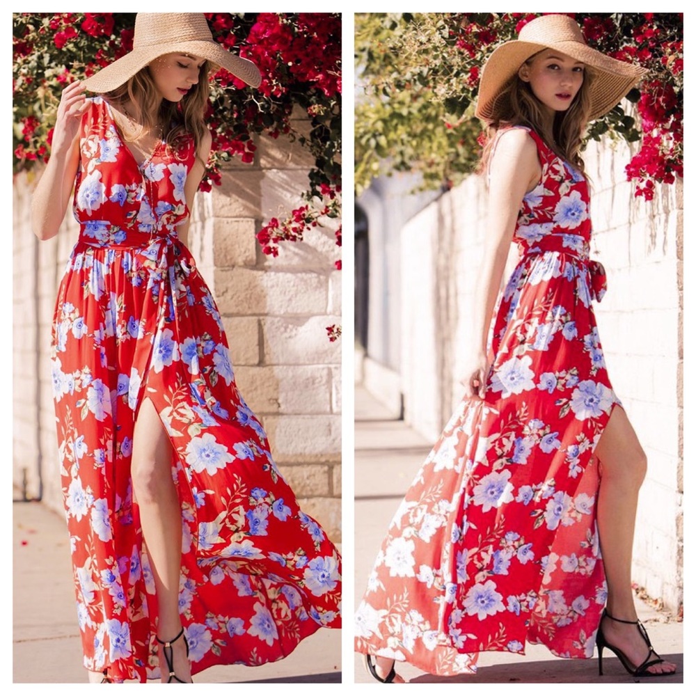 Floral Red Maxi Dress with Side Slit
